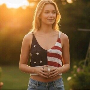 NWT Crocheted USA Flag Tank Women's Sz L Knit Red White Blue Patriotic America